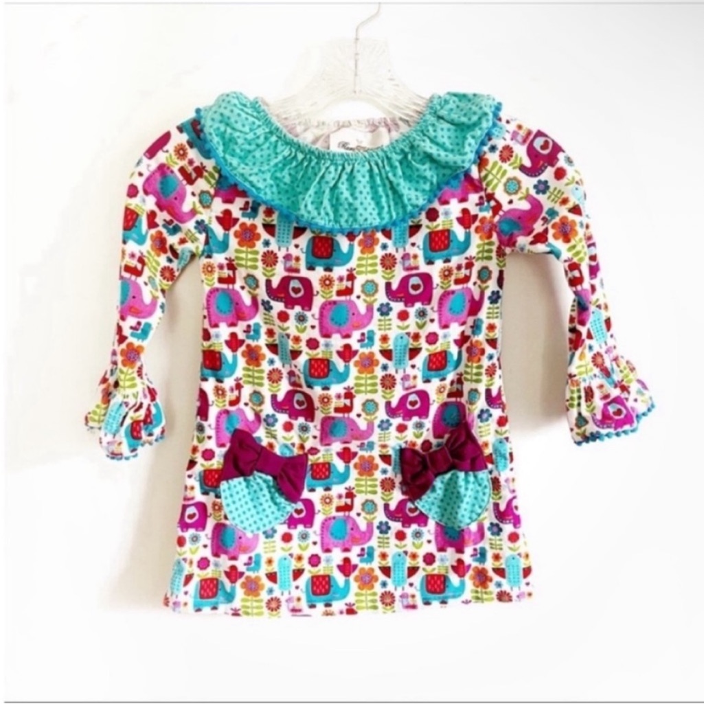Rare Editions Shirt Pink Teal Elephants Ruffles Corduroy Pockets